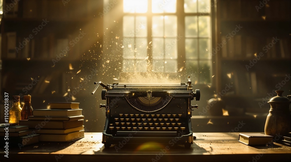 Aufkleber an old-fashioned typewriter with sunlight streaming through a window