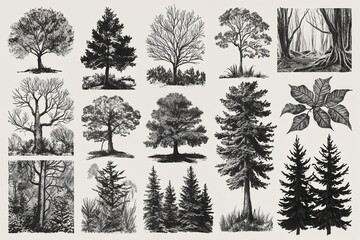 Fototapeta premium Woodland Art Series Ink Sketch Trees and Natural Foliage Collection