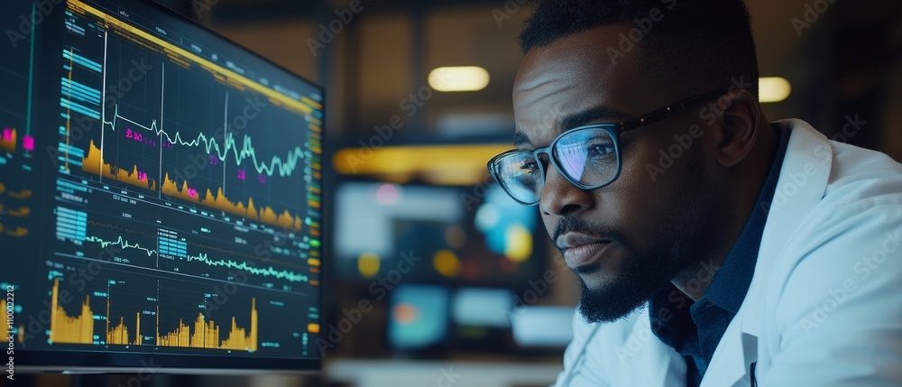 Poster a professional in a lab coat intently examines data on a computer screen filled with graphs and metr