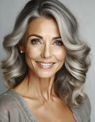 Fototapeta premium Portrait of attractive mature woman with ash-colored and white hair with a very pretty smile and interesting look