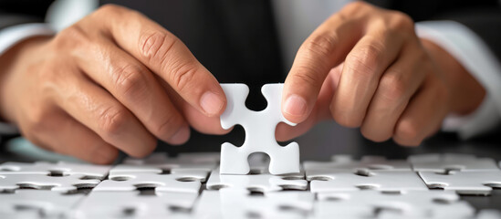 Naklejka premium arm of boss Businessman connecting puzzle pieces. Metaphor for teamwork, strategy and success.