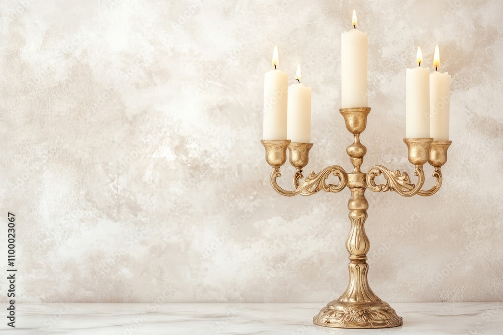 Poster elegant golden candelabrum with five burning candles creating a warm and inviting atmosphere. copy s