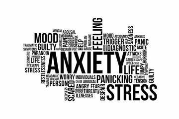 ANXIETY and STRESS concept in word cloud. Black words on on white background.