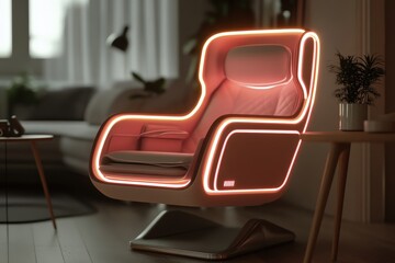 A stylish, illuminated armchair in a modern living space, featuring futuristic design elements and a cozy ambiance.