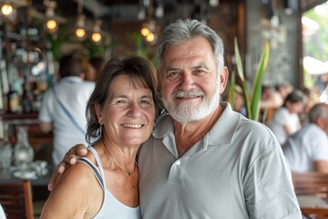 Obraz premium Portrait of a glad couple in their 50s wearing a sporty polo shirt isolated in bustling restaurant background