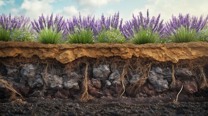 Fototapeta premium Cross-Section of Soil with Lavender Plants and Roots Beneath Surface