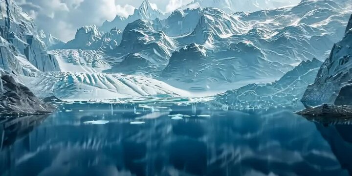 Frozen lake surrounded by towering glaciers, 4K Video