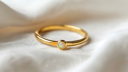 A close-up of a minimalist gold ring with a small opal stone, set against a matte white background