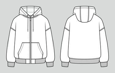 Front zip basic hoodie with front pockets. Unisex casual clothing. Vector technical sketch. Mockup template.