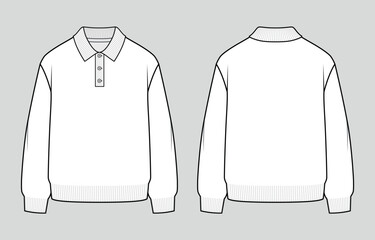 Polo collar knit jumper. Oversized unisex casual clothing. Vector technical sketch. Mockup template.