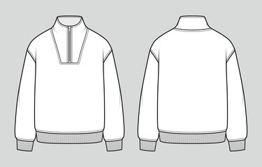 Zipped collar sweatshirt. Oversized unisex casual clothing. Vector technical sketch. Mockup template.