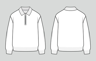 Zipped polo knit jumper. Oversized unisex casual clothing. Vector technical sketch. Mockup template.