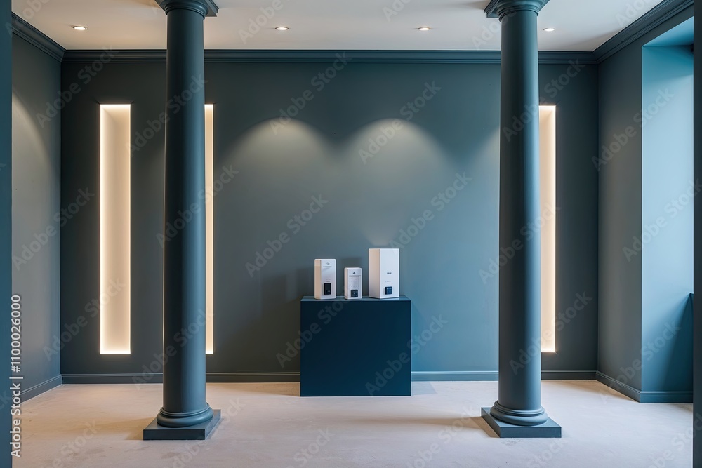 Poster stunning minimalist gray blue wall design features columns and side lighting for product display