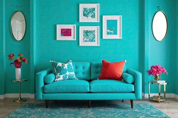 Vibrant Turquoise Love Seat Against Bold Turquoise Background Modern Home Decor for Stylish Living Areas