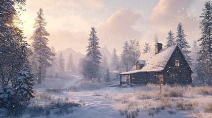 Obraz premium A quiet winter scene with a country house, surrounded by snow-covered pine trees and a dusting of snowflakes gently falling from the sky 