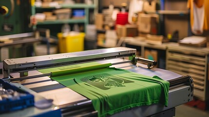 A printing press in an industrial setting with a green t-shirt ready for printing.