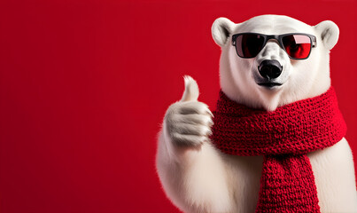 White bear with a thumbs up wearing sunglasses and scarf on red background with copy space. Stylish Travel agencies concept. Winter shopping and holidays concept. 