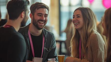 A candid shot of attendees laughing and enjoying a light moment during a break
