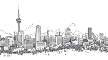 Obraz premium A monochrome illustration of a city skyline with buildings, trees, and mountains in the background.