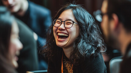 Fototapeta premium A candid shot of attendees laughing and enjoying a light moment during a break