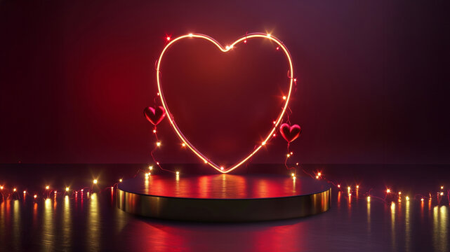 Red ribbon in the shape of a heart on round podium or pedestal with illumination of bulbs and candles. Blank layout for Valentine's Day. - Powered by Adobe