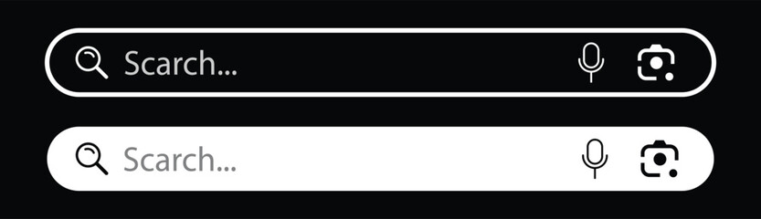 Set of search bar and search button ui design elements illustration on isolated background. Search bar icon with magnifying glass and voice search button. Search tool.