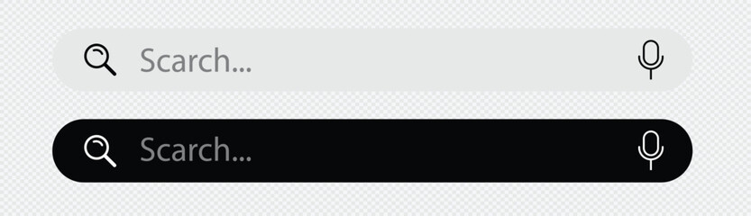 search bar icon. Magnifying glass search button and microphone web elements vector.  Internet browser engine with search box,