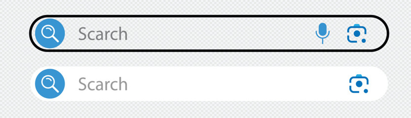 search bar icon. Magnifying glass search button and microphone web elements vector.  Internet browser engine with search box,