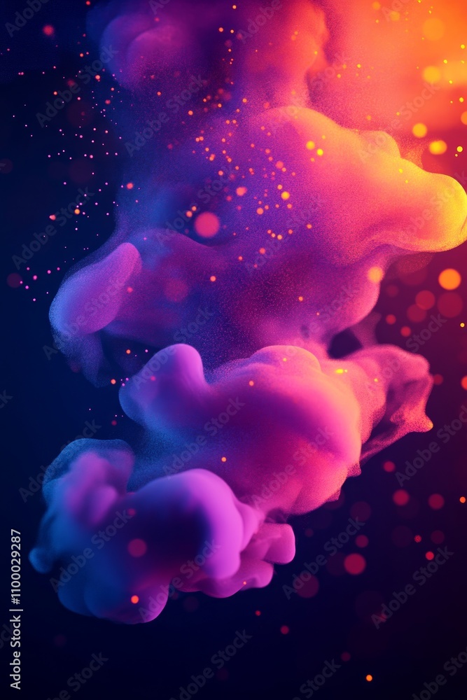 Poster swirling colorful clouds of smoke mix with vibrant glowing particles against a dark backdrop, creati