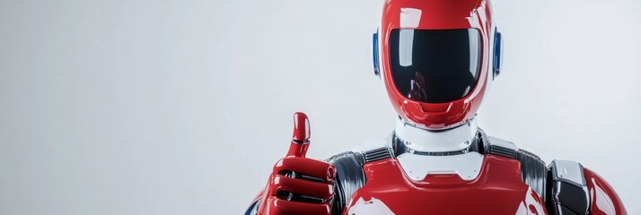 White humanoid robot with thumbs up gesture on white background; includes blue and silver accents 