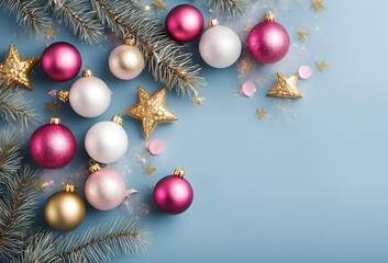 Top view photo of christmas decorations on isolated Blue background with empty space