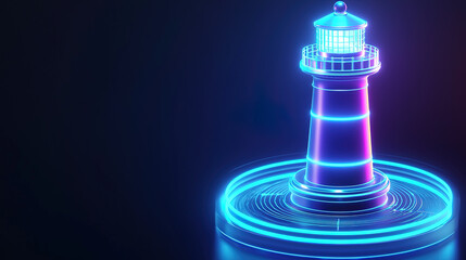Hologram of glowing futuristic lighthouse with light streams