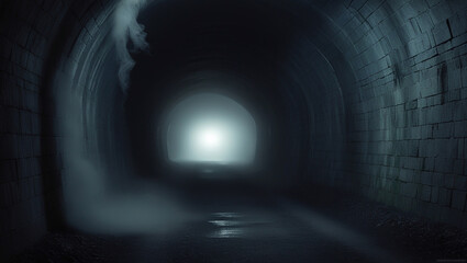 a photograph of a narrow, mysterious, dimly lit tunnel leading into darkness, with wisps of fog curling around the cold, damp stone walls