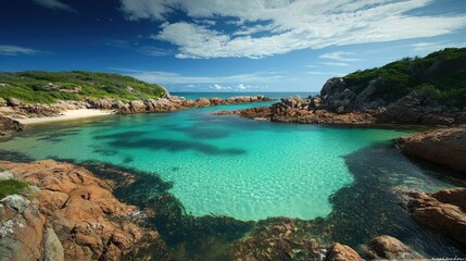 Fototapeta premium Serene Coastal Landscape with Clear Turquoise Waters, Rocky Outcrops, and Lush Green Hills Under a Bright Blue Sky in a Tropical Paradise