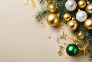  Top view photo of christmas decorations on isolated Gold background with empty space