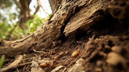 Termites swarming near decaying log in soil.