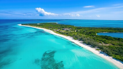 Obraz premium Serene Aerial View of Tropical Island with Lush Greenery, White Sandy Beach, and Crystal Clear Turquoise Waters Under a Bright Blue Sky