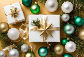 Top view photo of christmas decorations on isolated Gold background