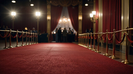 A red carpet rolling out in front of a glamorous movie premiere backdrop.