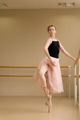 Ballet dancer performing a graceful pose en pointe, with raised leg and focused expression