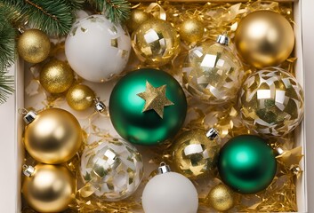 Top view photo of christmas decorations on isolated Gold background