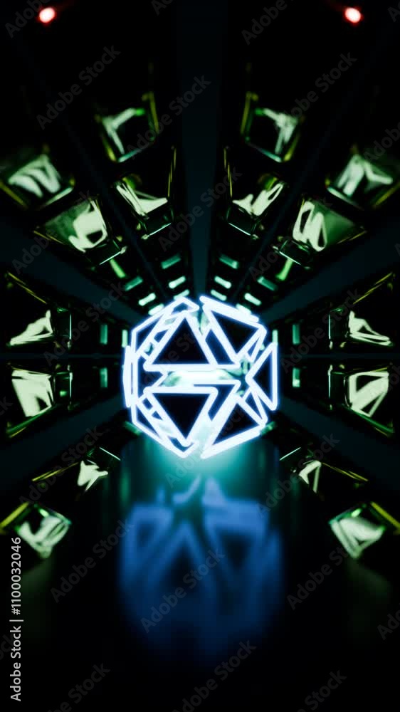 Poster vertical video of abstract neon geometric sphere in reflective seamless loop tunnel
