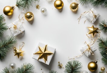 Top view photo of christmas decorations on isolated White background with empty space