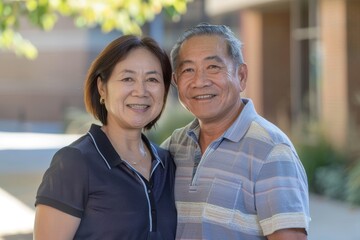 Obraz premium Portrait of a smiling asian couple in their 50s wearing a sporty polo shirt while standing against modern university campus background