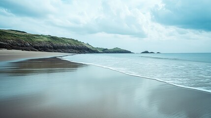Tranquil Beach Landscape with Gentle Waves Meeting the Shore Under Overcast Sky, Surrounded by Lush Green Hills and Serene Atmosphere in Coastal Region