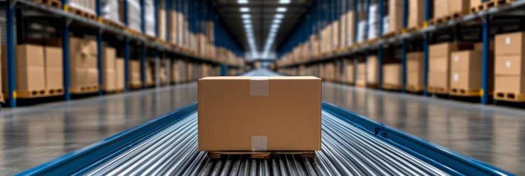 Automated warehofeaturing cardboard boxes on conveyor belts, digital interfaces; blue, grey, brown 