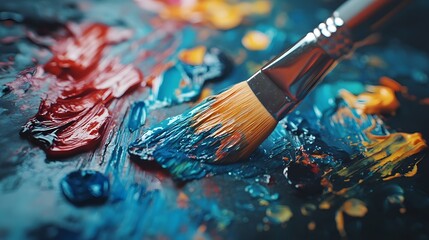 Fototapeta premium A palette with paintbrushes, splattered in vibrant colors of reds and blues, is set against an abstract background filled with colorful shapes and textures