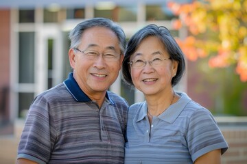 Fototapeta premium Portrait of a smiling asian couple in their 50s wearing a sporty polo shirt over modern university campus background