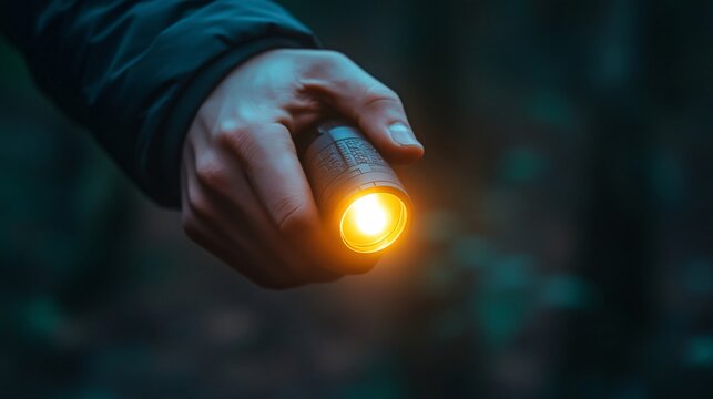 Hand holding flashlight illuminating dark forest at night
