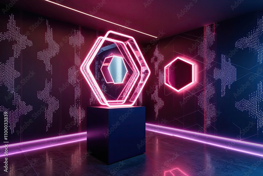 Poster vibrant 3d neon hexagonal grid with shimmering lines and modern wallpaper design